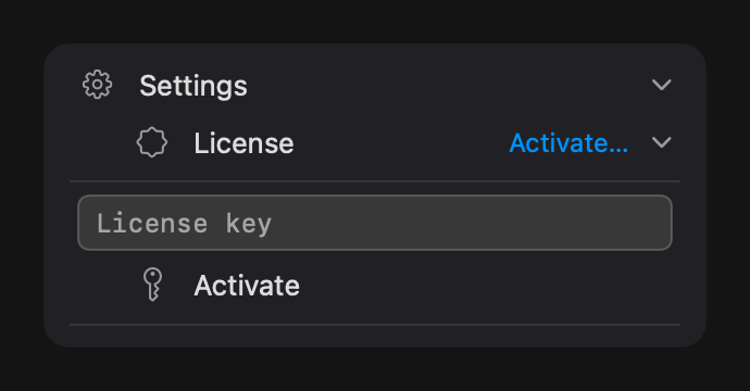 Settings → License with an empty key field