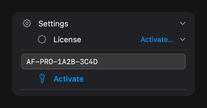 License key entered, Activate highlighted