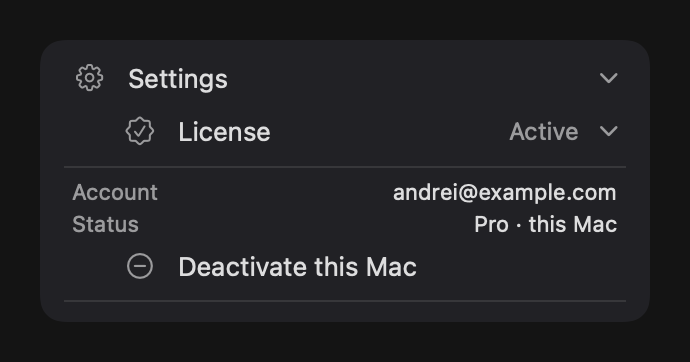 License activated, showing account and Deactivate this Mac